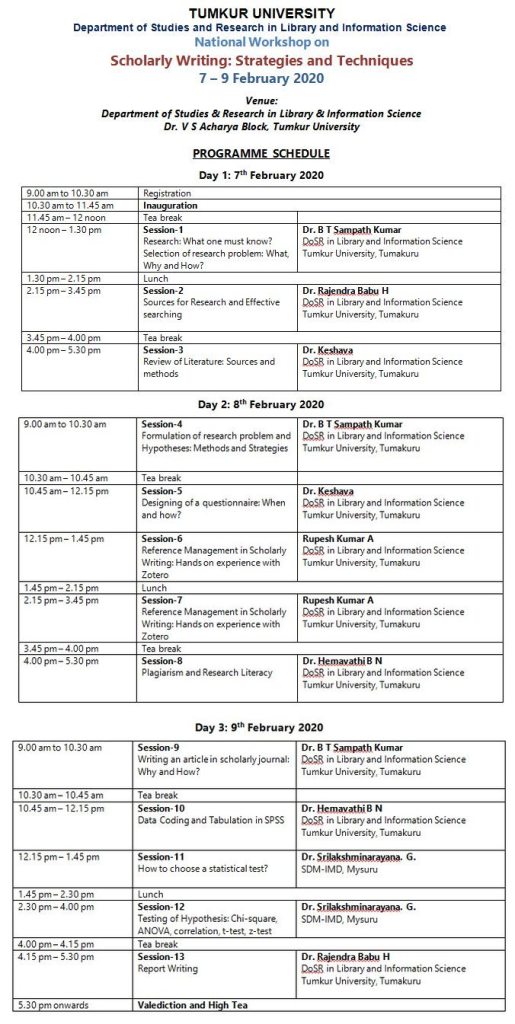 Programme Schedule of National Workshop on Scholarly Writing: Strategies and Techniques